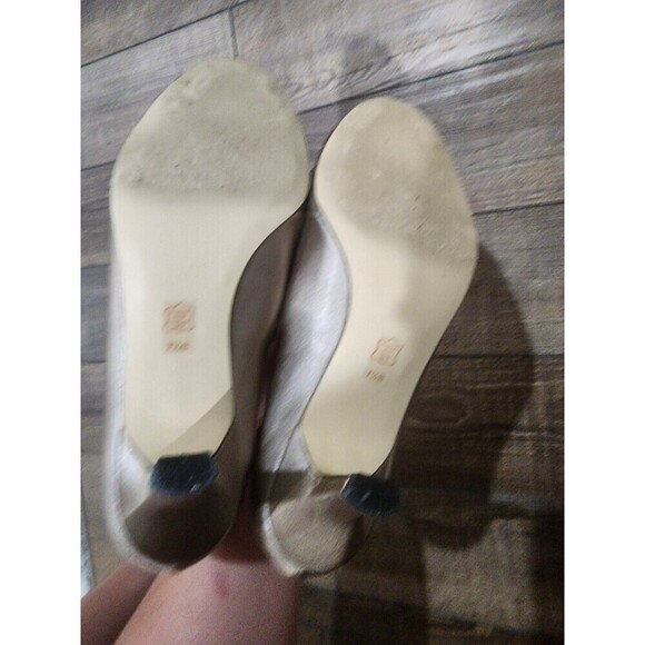 CAPARROS TAN SATIN HEELS PUMPS ETHEL PEEP TOE Shoes rhinestone bling Sz 7.5B - Picture 7 of 8